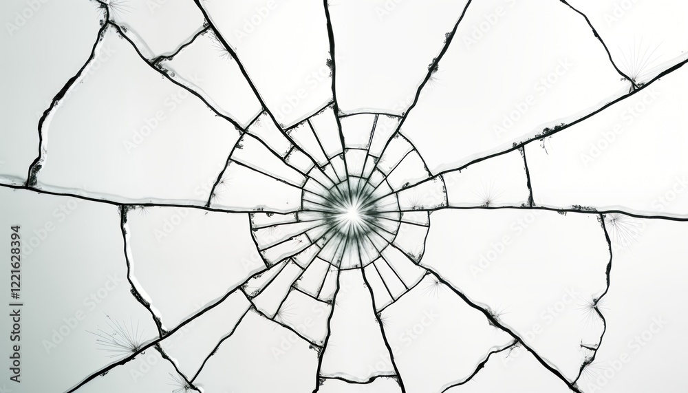 Obraz premium Abstract cracked glass texture isolated on white background. Broken glass pattern. Shattered surface with radial cracks. Design element. Glass damage. Realistic fracture effect. Impact vandalism.
