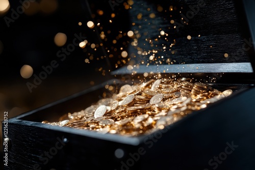 An open treasure chest showcases an array of glittering golden coins, evoking emotions of desire and richness, embodying the fantasy of limitless wealth and glamour.