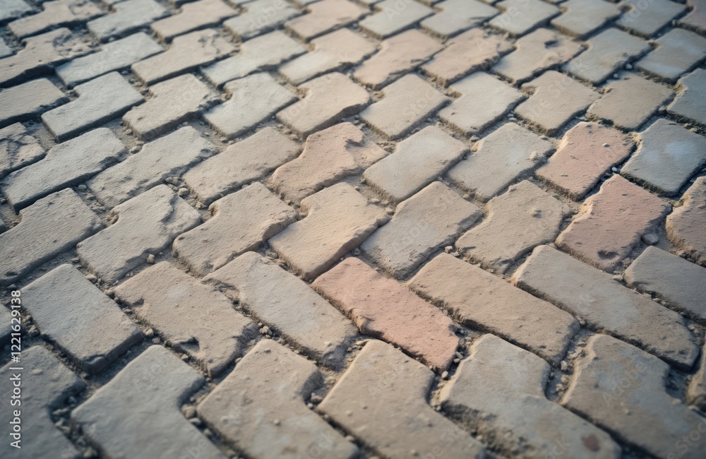 Fototapeta premium Old herringbone paving stones create textured surface. Abstract pattern shows grunge, dirty details in stone construction material. Retro, vintage design for architecture, construction backgrounds.