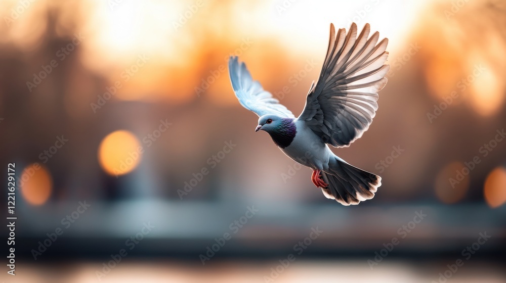 Fototapeta premium Beautiful pigeon soaring against a vibrant sunset sky with soft bokeh in the background