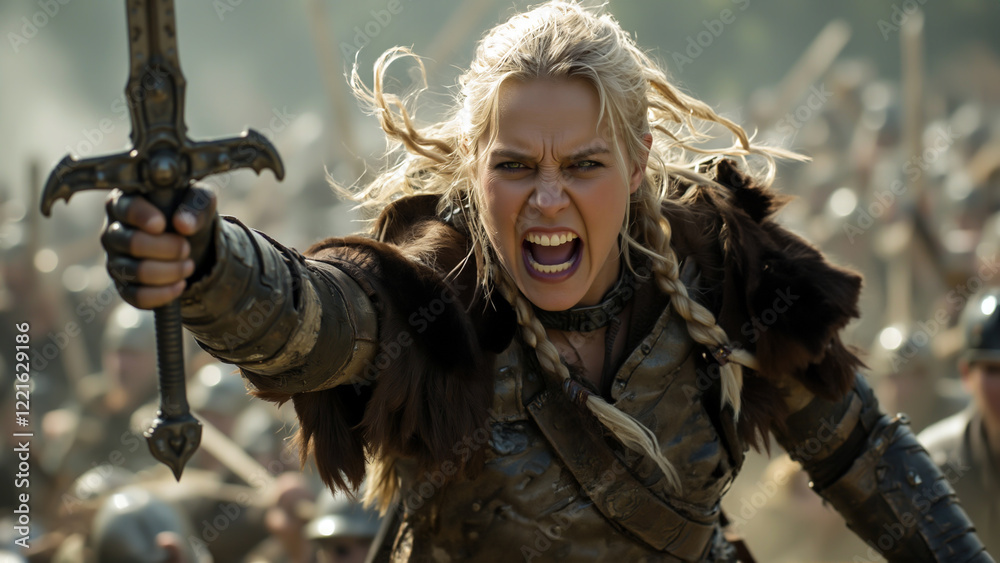 Obraz premium Fierce Tribal Female Viking Warrior Battle Scream In The Battle Scene - Generative AI