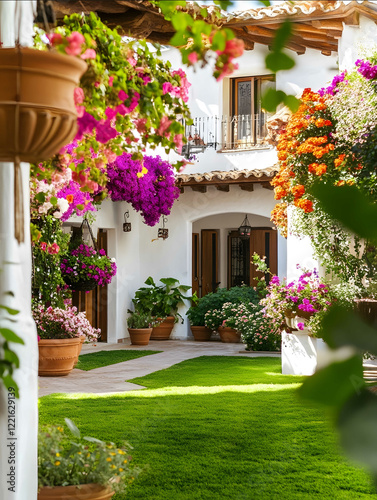 A beautiful Spanish colonialstyle courtyard with hanging flower pots lush green grass and bright white walls featuring vibrant colorful flowers photo