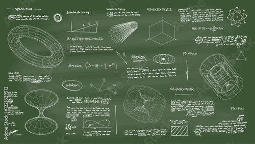 University blackboard with complex calculations, proof of theories with formulas and scribbled notes. Quantum mechanics and physics board with 3D drawings. Vector illustration school board with notes