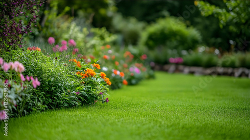 a photograph of a beutiful home garden with green lawns and the focus on beautiful flowers in the foreground freash and inviting award winning photography hyper real