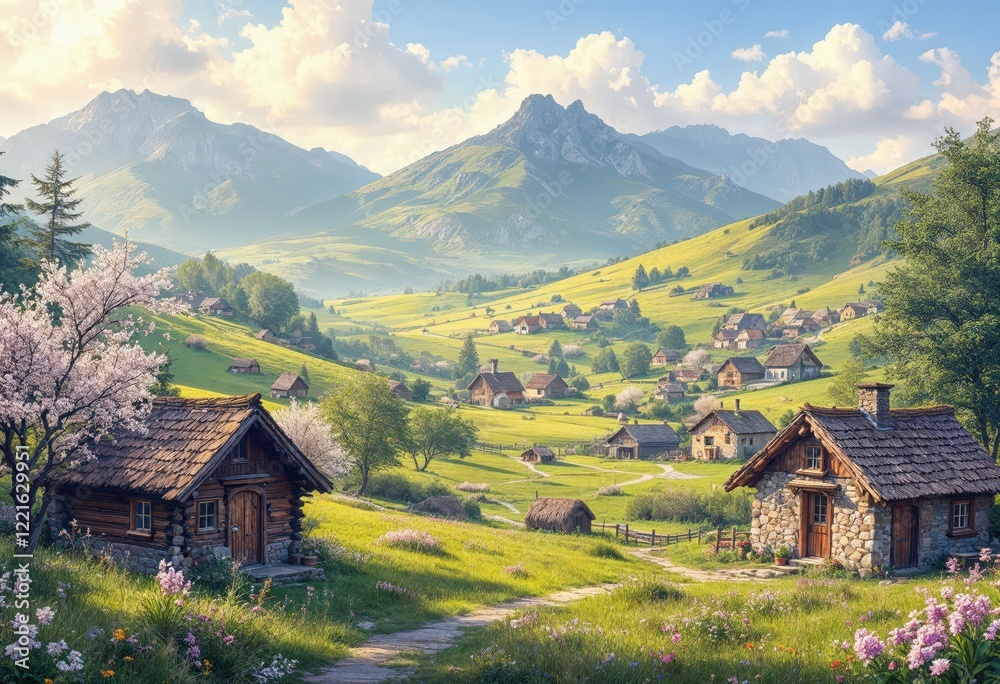 Fototapeta premium Charming mountain village with rustic cabins and blossoming trees