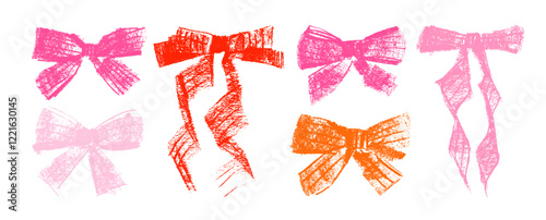 Colorful crayon drawn coquette bows collection. Vector ink illustration of girly ribbons.