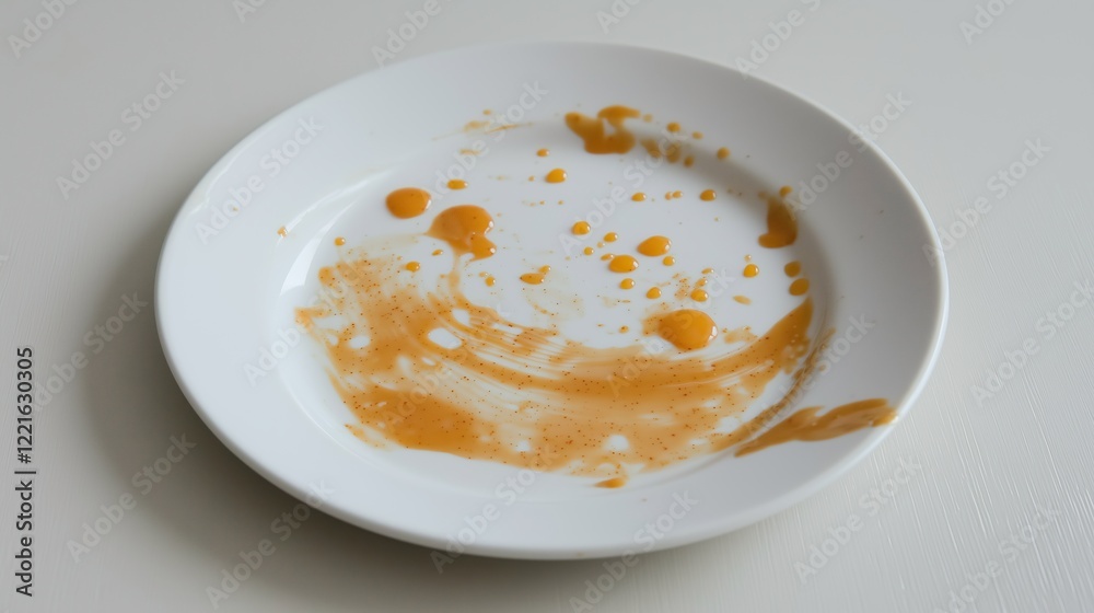 Remnants of delicious meal on white plate Orange sauce and specks Remnants of delicious meal on white plate Orange sauce and specks