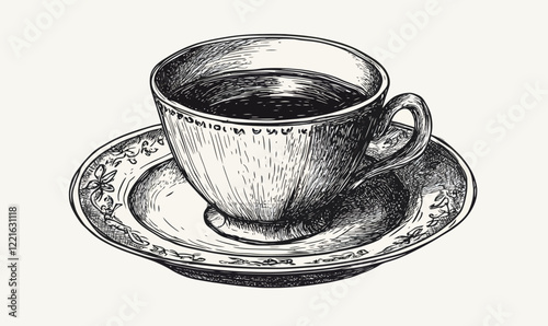 Vintage Style Engraved Ink Sketch of Cup and Saucer for Minimalist Design