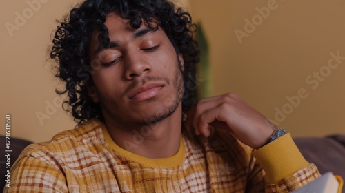 South Asian man enjoys a serene moment, deeply engrossed in a book, surrounded by a warm and inviting atmosphere