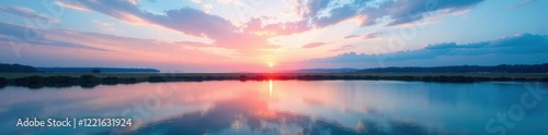 Horizon over lake with strip of land separating sky and water, waterway, lake, landscape