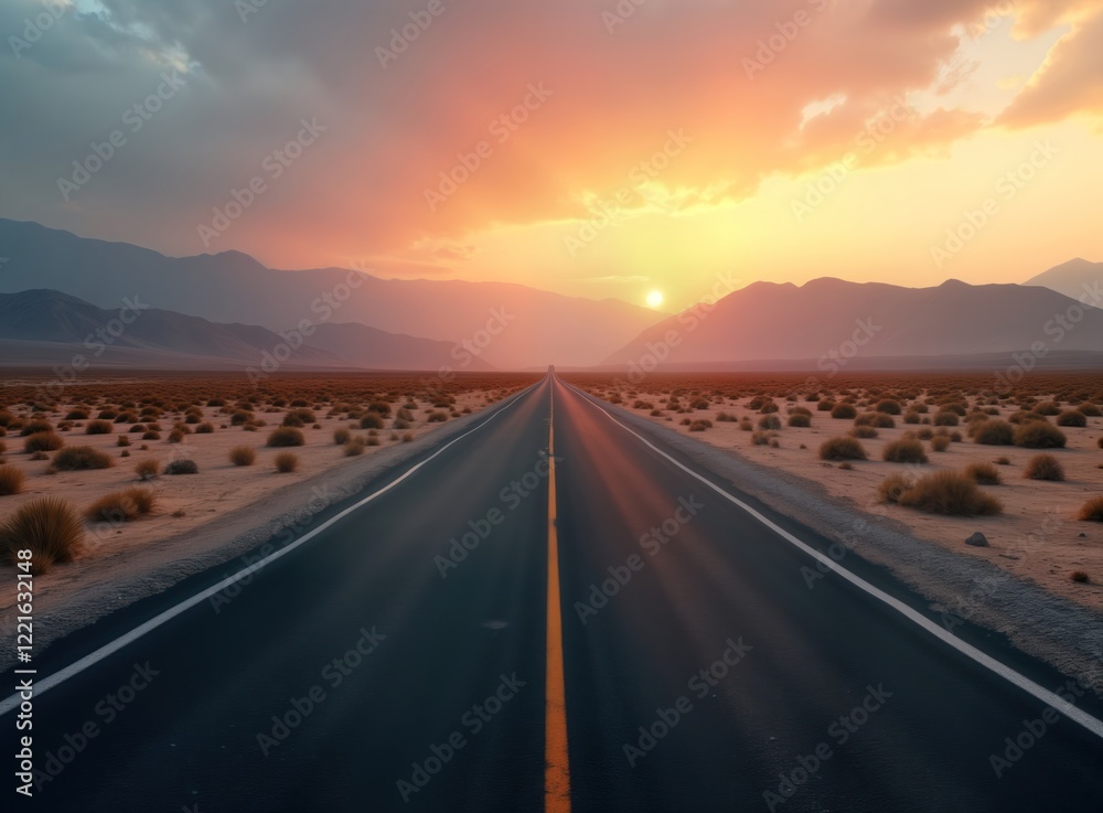 Fototapeta premium Empty asphalt road stretches across barren desert landscape. Sunrise paints mountains soft orange. Vast expanse of land. Eerie stillness. Travel concept for adventure, exploration. Dawn breaks over