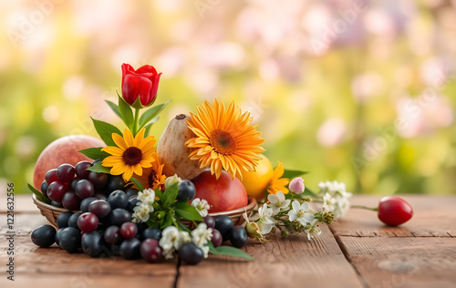 spring background. fruit flowers on wooden table