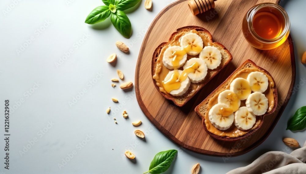 Rustic wooden cutting board holds two slices of whole grain bread. Peanut butter spreads evenly. Sliced bananas arranged artistically on top of peanut butter. Honey drizzle enhances flavor. Light Rustic wooden cutting board holds two slices of whole grain bread. Peanut butter spreads evenly. Sliced bananas arranged artistically on top of peanut butter. Honey drizzle enhances flavor. Light