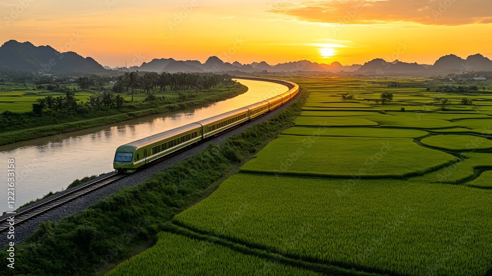 Fototapeta premium Vibrant Sunset Over Railroad Tracks Near Lush Green Rice Fields