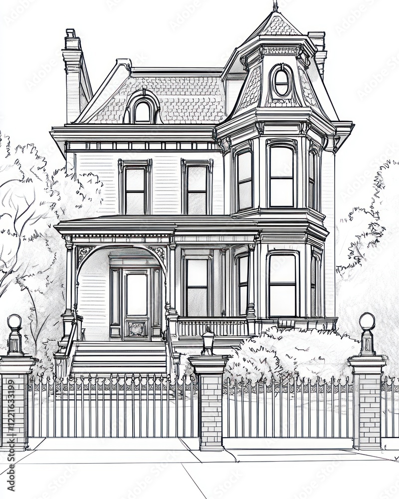 Fototapeta premium Architectural Sketch of a Victorian Style House
