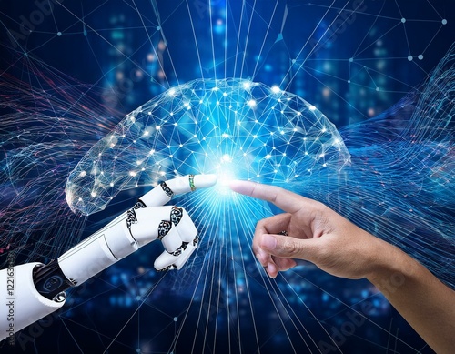 main d'un humain touchant du doigt la main d'un robot en ia