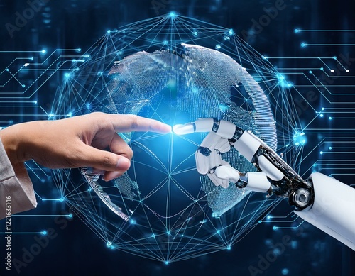 main d'un humain touchant du doigt la main d'un robot en ia