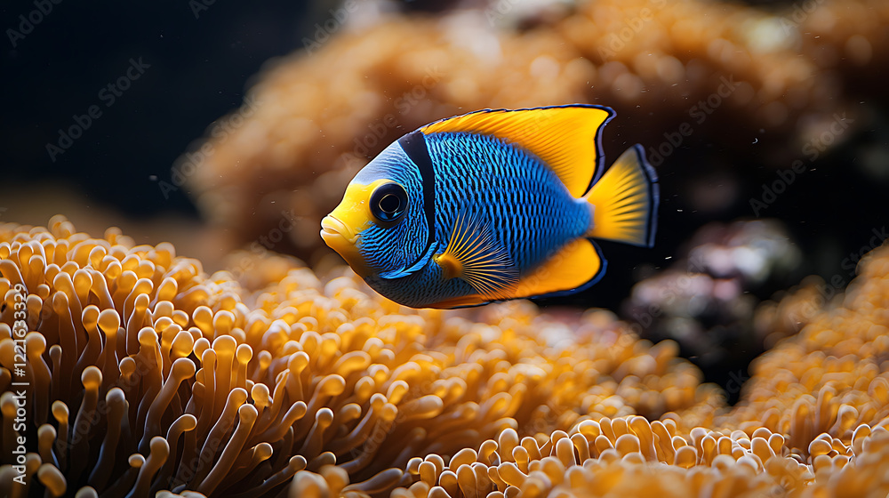 Obraz premium Blue and yellow angelfish swimming near orange coral.