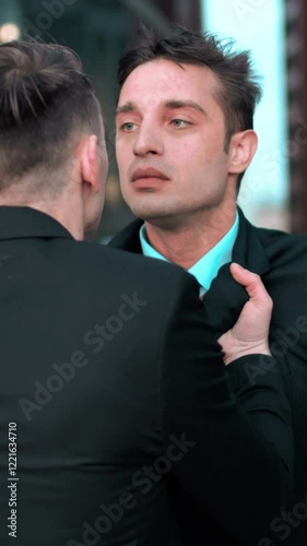 Angry Young businessman grabbing his colleague by the lapels of suite. He want to start fighting. Hard conversation and debate. Boss work with smartphone and dismiss his subordinate. Glass business
