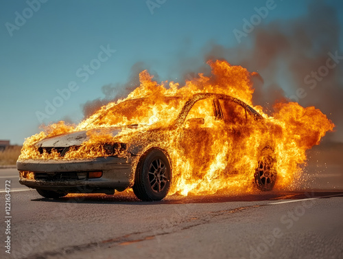 Car Engulfed in Flames on a Deserted Road During Daytime, Highlighting the Chaos of Fire and Smoke in the Foreground