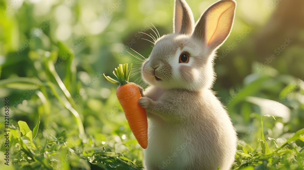 Naklejka premium A white bunny standing on its hind legs, holding a bright orange carrot