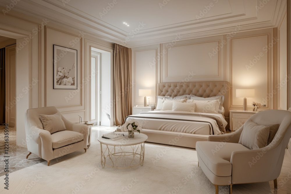 Fototapeta premium interior of a cozy living room in light colors with a bed, table, armchair and floor lamp