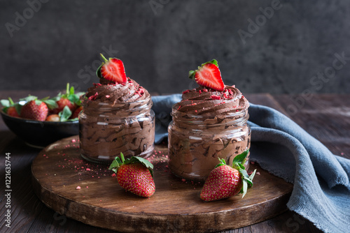 Chocolate mousse topped with fresh and freeze-dried strawberries