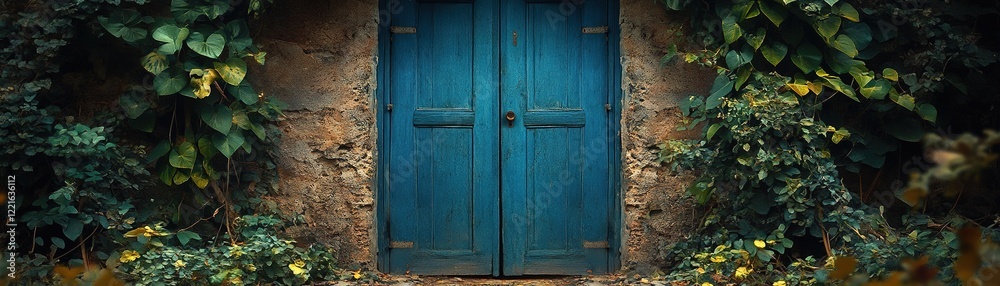 Exploring a rustic blue door surrounded by greenery garden photography tranquil environment close-up view nature's beauty Exploring a rustic blue door surrounded by greenery garden photography tranquil environment close-up view nature's beauty