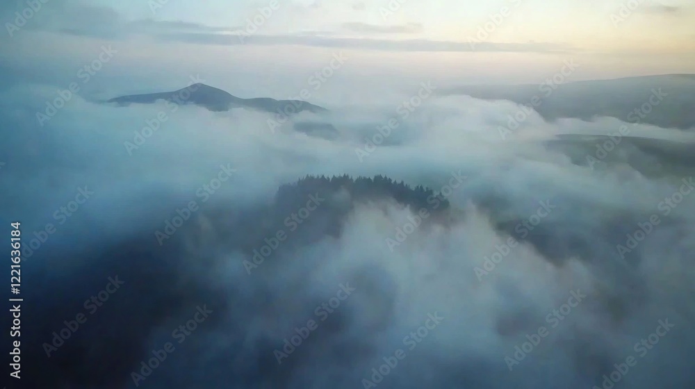 Aerial view misty mountain forest sunrise, idyllic landscape, travel poster Aerial view misty mountain forest sunrise, idyllic landscape, travel poster
