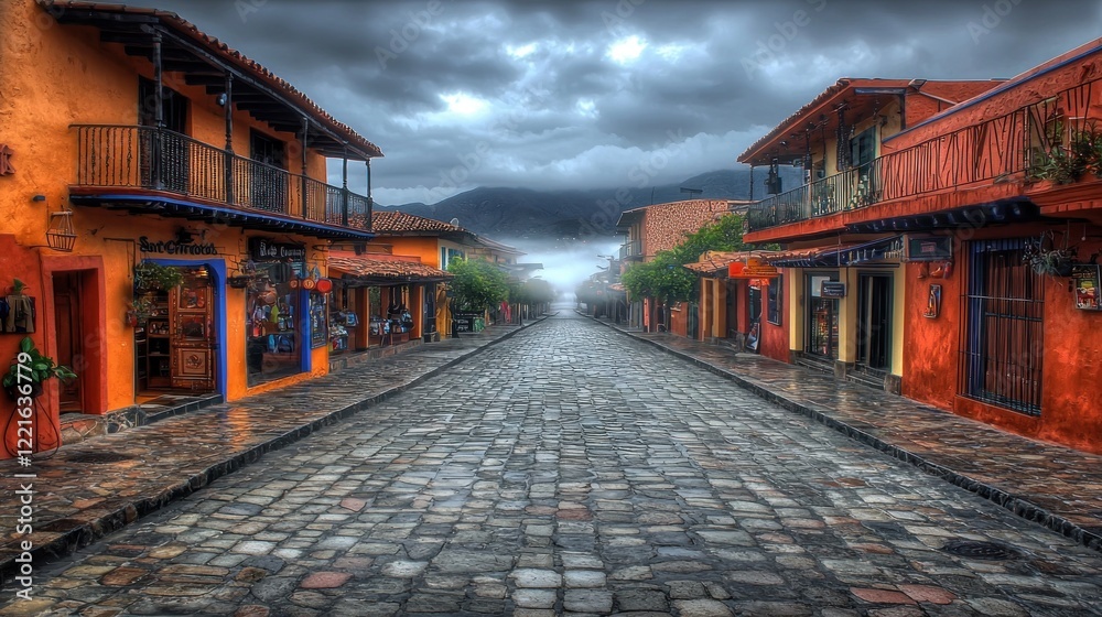 Cobblestone street, misty mountain town, colorful buildings, travel brochure Cobblestone street, misty mountain town, colorful buildings, travel brochure