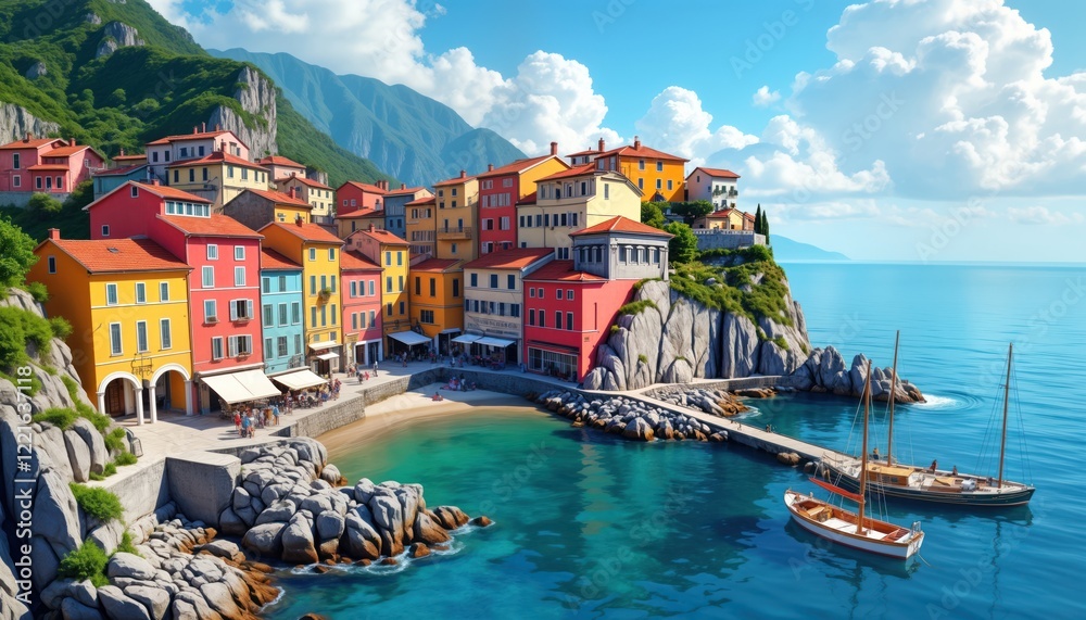 Obraz premium Picturesque colorful town by sea. Bright houses with different colors. People relax on beach. Boats in harbor. Sunny day. Scenic view of seaside town. Tourism destination. Vacation spot. Europe.