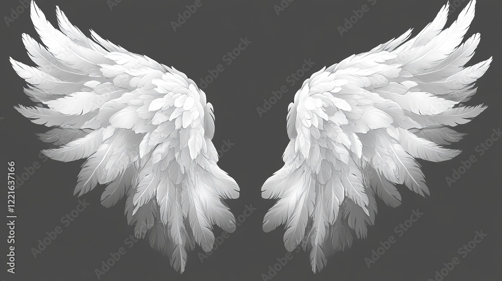 Obraz premium Majestic white feather wings artistic representation digital art minimalist background symmetrical view ethereal concept