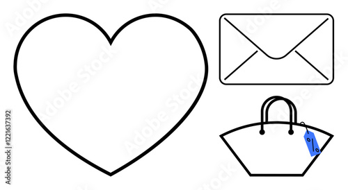Heart shape, envelope, and handbag with price tag. Ideal for love, communication, shopping, fashion, retail gifting and minimalistic design concepts. Simple abstract line flat metaphor