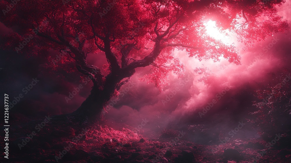 Obraz premium Mystical tree in enchanted forest fantasy landscape surreal environment dreamlike viewpoint