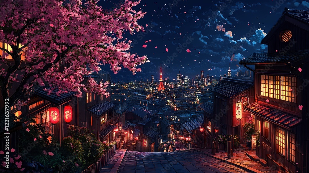Naklejka premium Sakura blossoms illuminated nightlife tokyo cityscape photography urban environment wide angle serenity