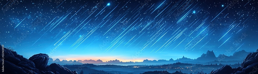 Naklejka premium Meteor shower spectacle over serene mountains night sky digital artwork tranquil environment wide angle view