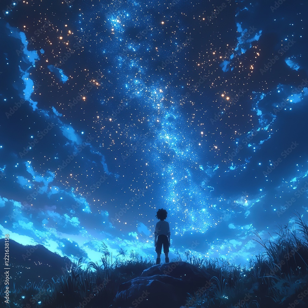 Child gazing at starry night sky countryside digital art calm atmosphere low angle wonder and exploration Child gazing at starry night sky countryside digital art calm atmosphere low angle wonder and exploration
