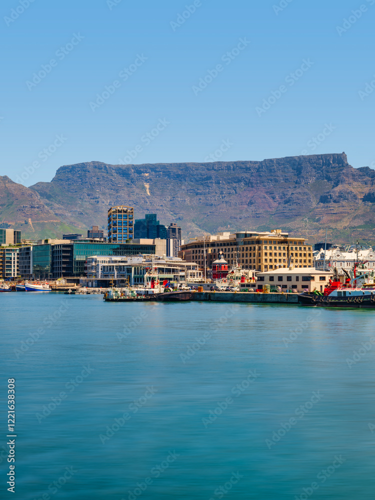 Vertical shot of the waterfront with Cape Town city and Table Mountain in the background, South Africa