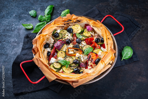 Traditional French quiche with fruits, vegetables and feta cheese backed in phyllo pastry and served as close-up in a backing form photo