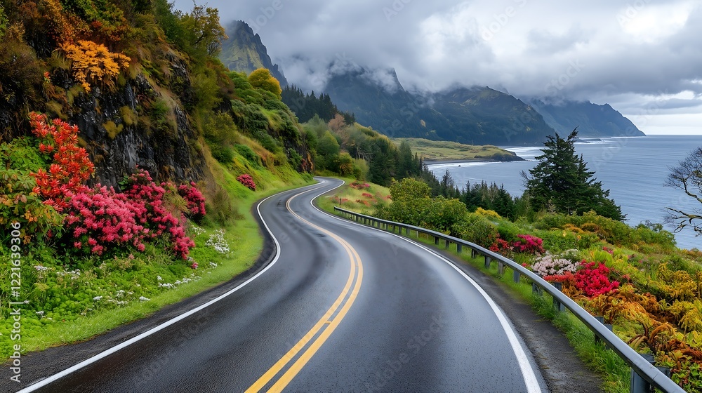 Fototapeta premium Winding coastal road pacific northwest scenic view nature serene landscape