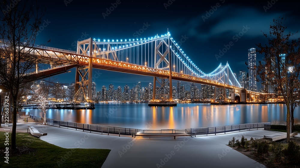 Naklejka premium Vibrant nighttime cityscape with illuminated bridge waterfront photography urban aesthetic