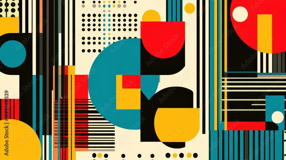Vibrant retro geometric patterns with circles, triangles, and squares in bold colors create trendy artwork for modern designs. Vibrant retro geometric patterns with circles, triangles, and squares in bold colors create trendy artwork for modern designs.