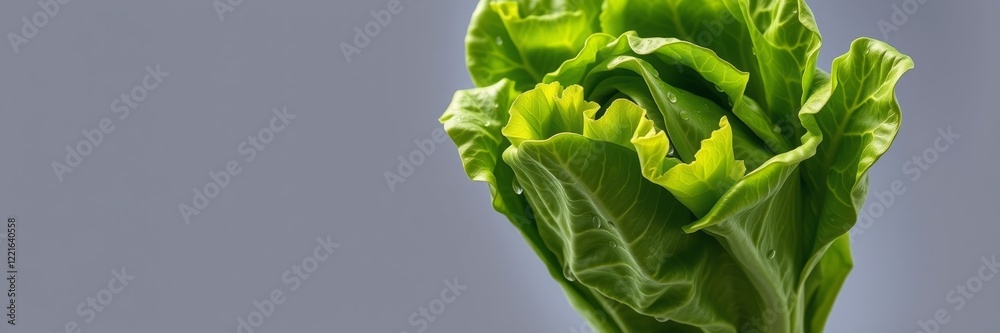 Fototapeta premium Fresh Green Lettuce Head with Dew Drops Against a Soft Gray Background