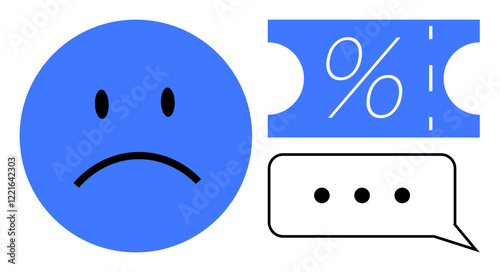 Blue sad face next to a discount tag and message bubble with ellipsis, conveying dissatisfaction in customer feedback. Ideal for customer service, discount issues, communication, feedback, emotions