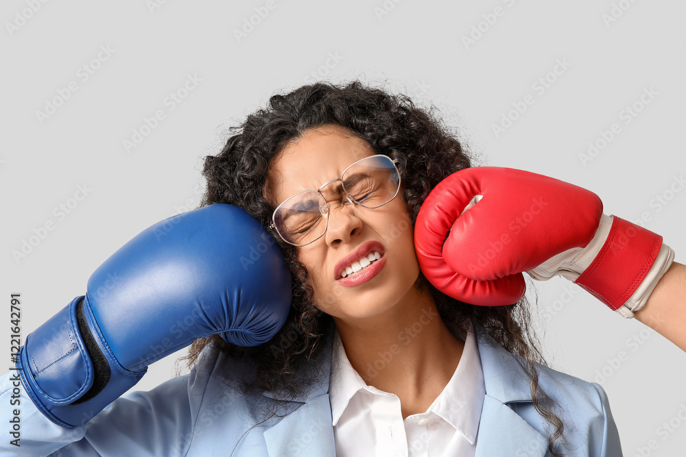 Young African-American businesswoman getting hit in her face with boxing gloves on light background, closeup. Knockout concept Young African-American businesswoman getting hit in her face with boxing gloves on light background, closeup. Knockout concept
