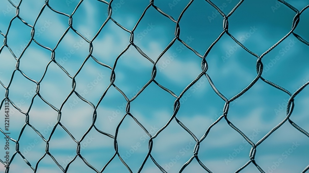 A vibrant soccer football net stands tall against a backdrop of a clear blue sky and fluffy white clouds. A vibrant soccer football net stands tall against a backdrop of a clear blue sky and fluffy white clouds.