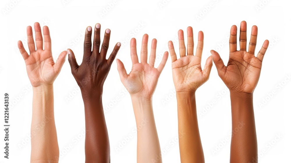 A vibrant display of multiracial hands lifted high, showcasing unity and diversity against a clean white backdrop. A vibrant display of multiracial hands lifted high, showcasing unity and diversity against a clean white backdrop.