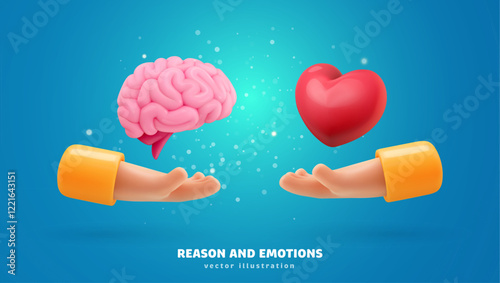 Brain and heart held in hands, symbolizing balance of reason and emotions. Love and logic. Metaphor for decision making, mental health. Concept for self awareness, personal growth. 3D cartoon vector.