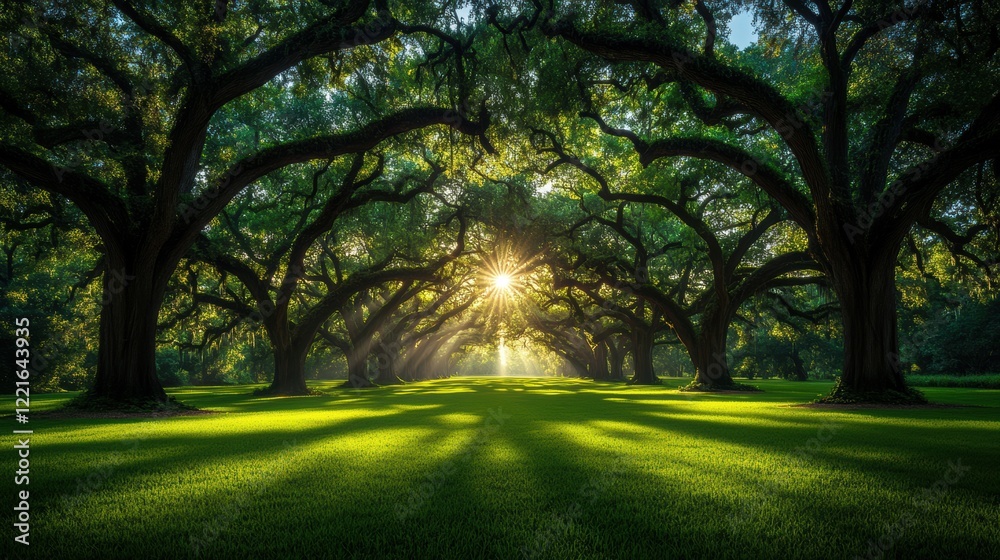Obraz premium Sunlight streaming through majestic oak tree path in lush green forest