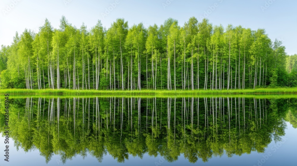 Serene birch forest reflection on calm lake under clear sky Serene birch forest reflection on calm lake under clear sky